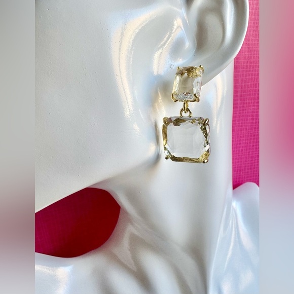 New Clear Faceted Crystals & Gold Tone Sophisticated Statement Earrings - 1.40” - Picture 2 of 7